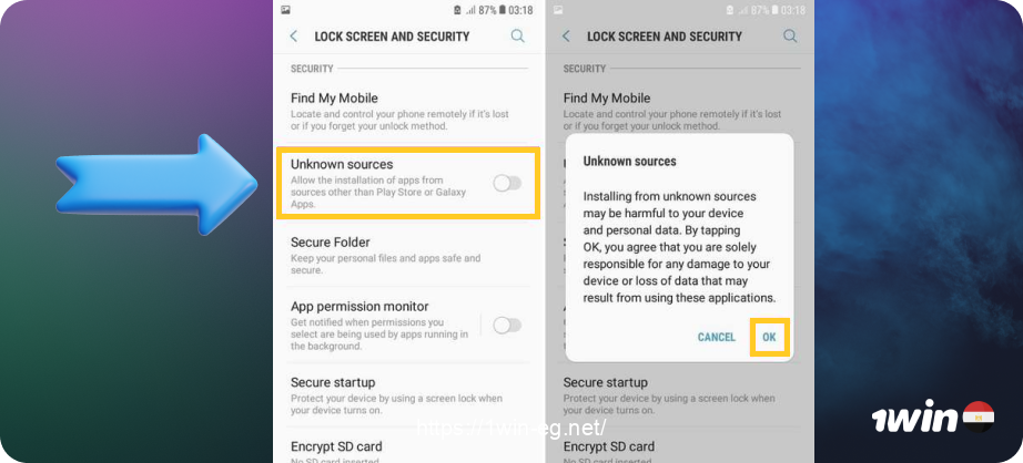 يحتاج اللاعبون المصريون إلى السماح بالتثبيت من مصادر غير معروفة لأن تطبيق كازينو 1win آمن تمامًا على الهواتف الذكية